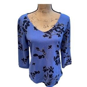 Ann Taylor Blue + Black Floral Print V-Neck 3/4‎ Sleeves Rayon Blend Top XL
